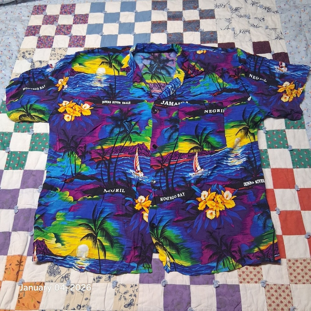 VTG Tropical Print Hawaiian Shirt‎ Size XL Blue Tourist Lightweight AOP Bright